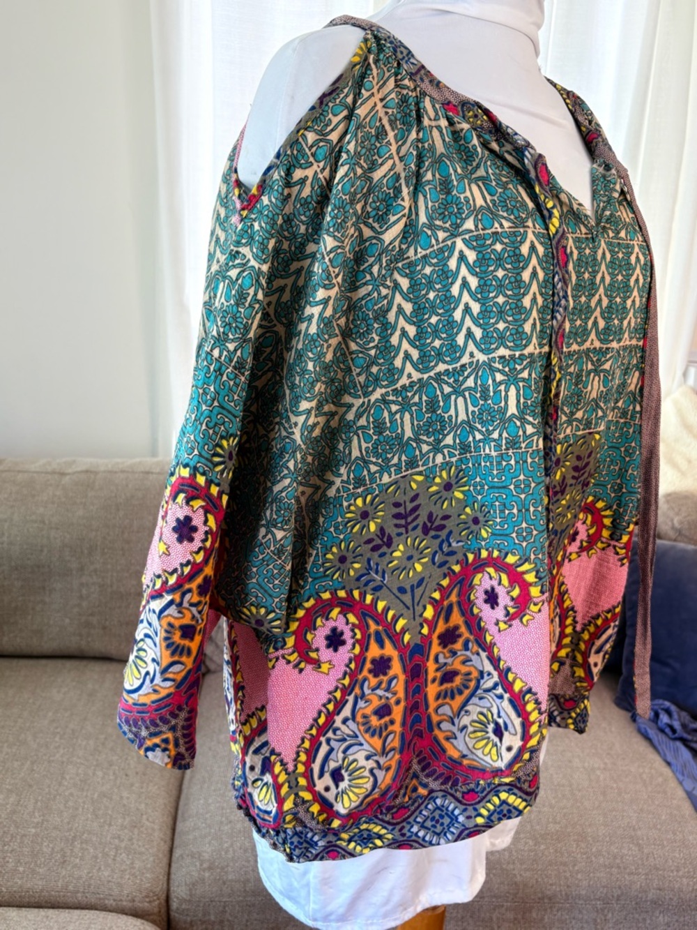 Umgee Green Pink Multicolor Paisley Peasant Top Cold Shoulder Balloon Sleeve XL - Picture 6 of 7